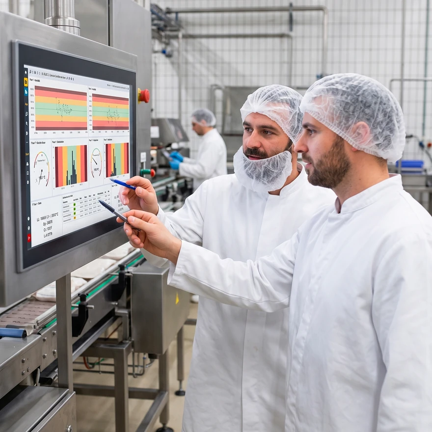 Operators reviewing process control charts on a plant floor terminal